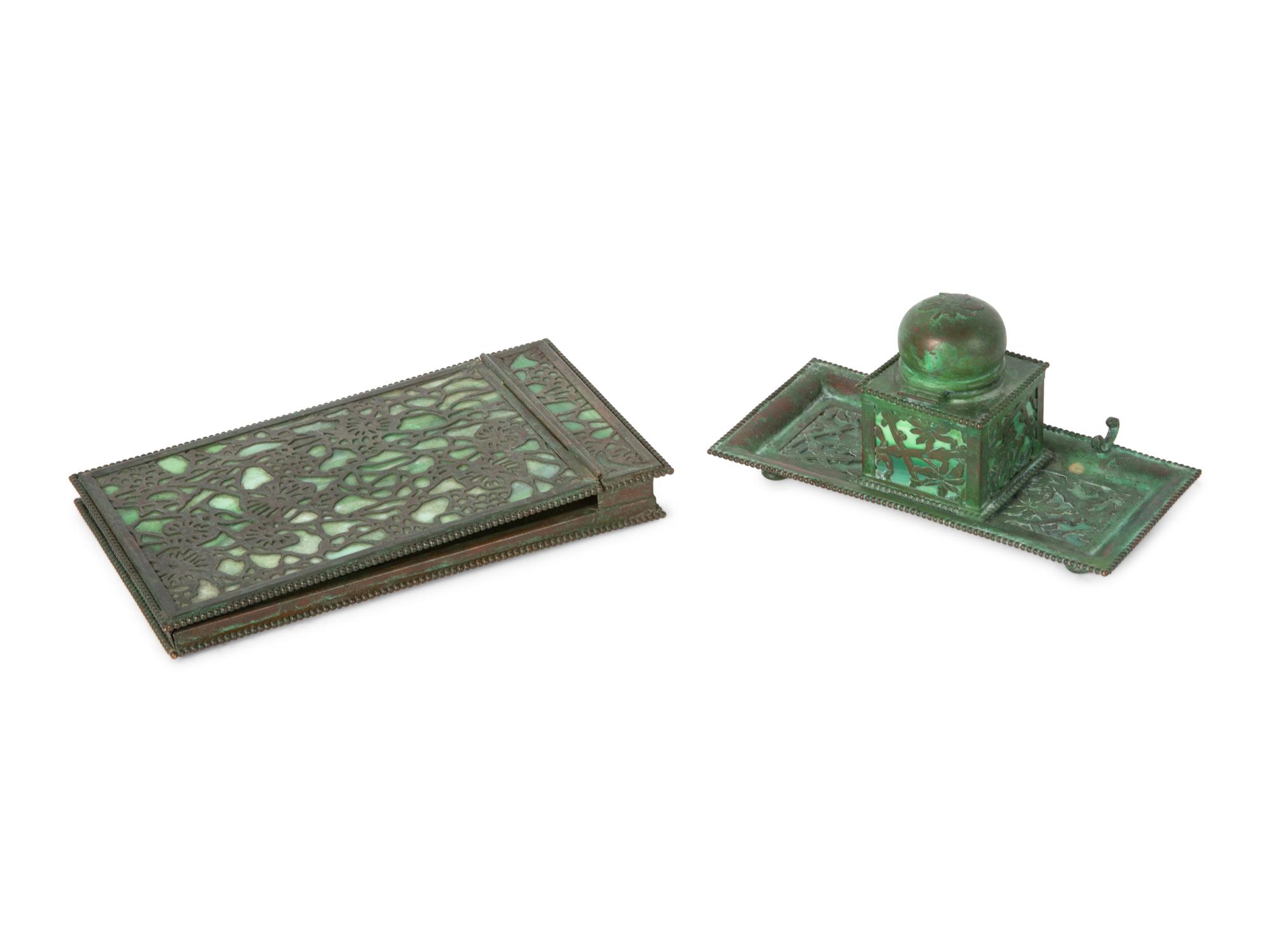 A Group of Arts and Crafts Style Bronze and Glass Desk Articles