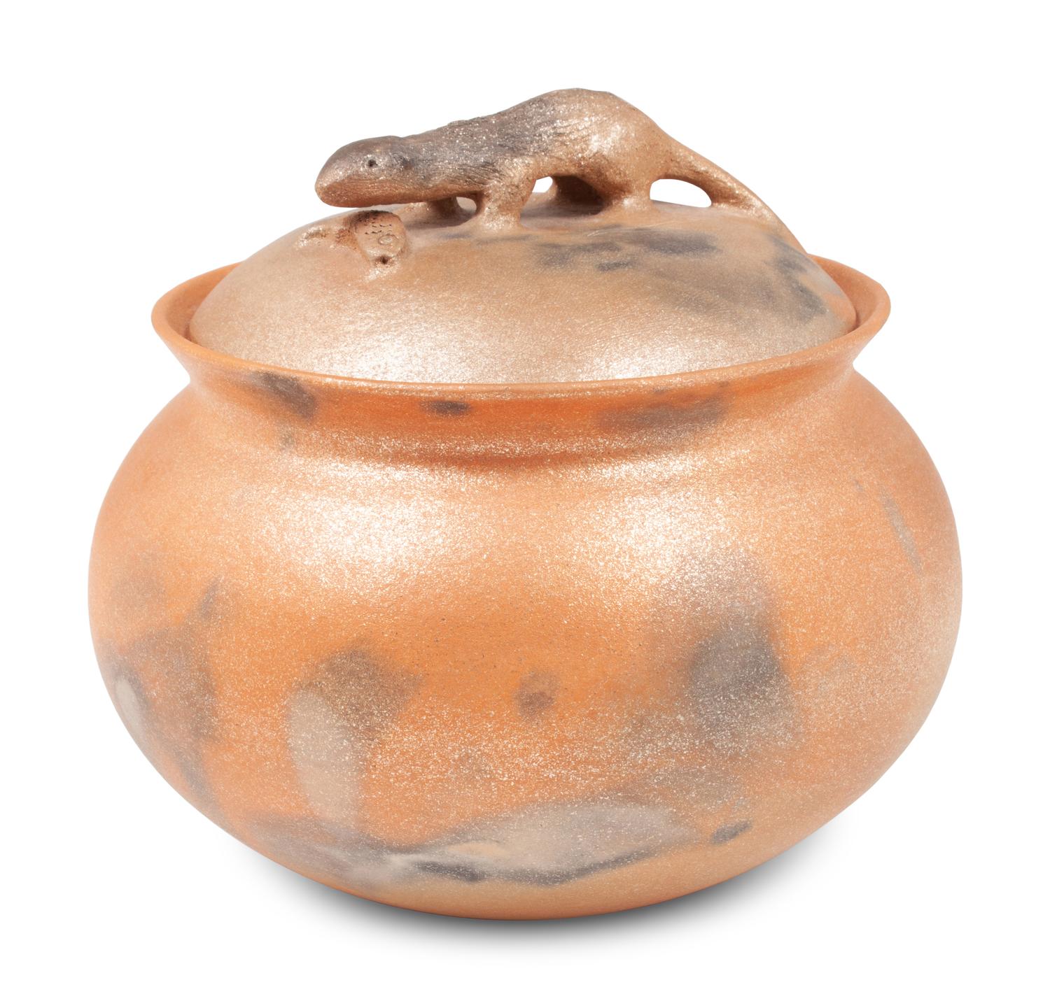 Micaceous Bean Pot, with Otter and Fish