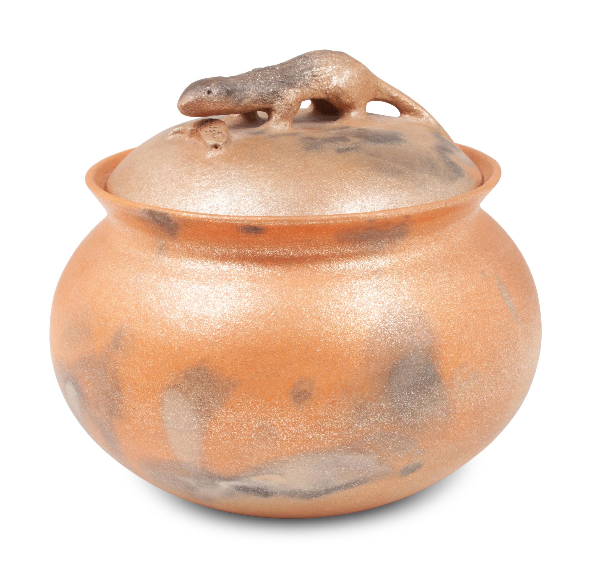 Micaceous Bean Pot, with Otter and Fish