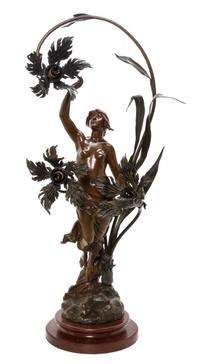 An Art Nouveau Bronze Three-Light Newel Post Lamp, LATE 19TH/EARLY 20TH CENTURY, Height overall 30 inches. — LATE 19TH/EARLY 20TH CENTURY,