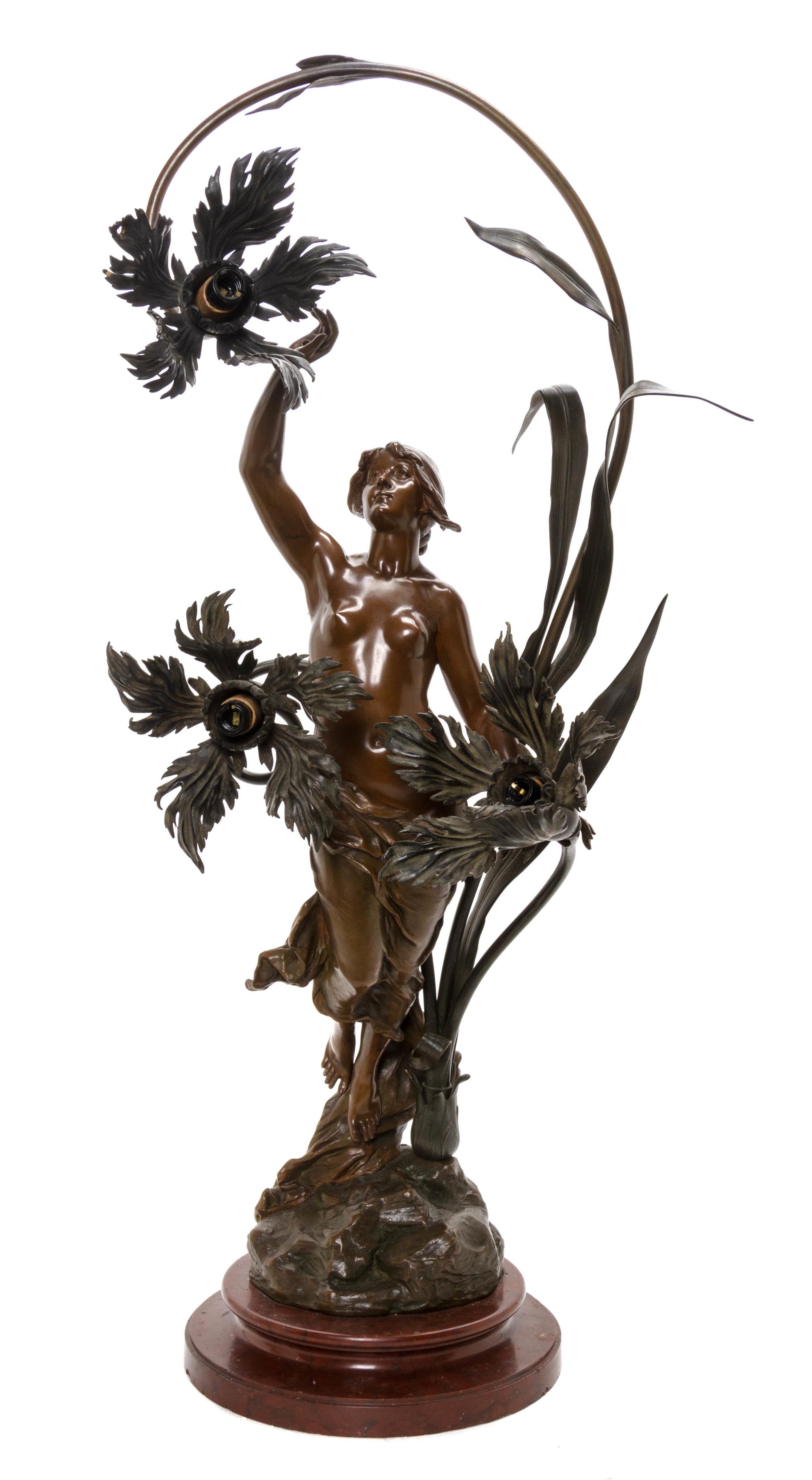 An Art Nouveau Bronze Three-Light Newel Post Lamp, LATE 19TH/EARLY 20TH CENTURY, Height overall 30 inches. — LATE 19TH/EARLY 20TH CENTURY,