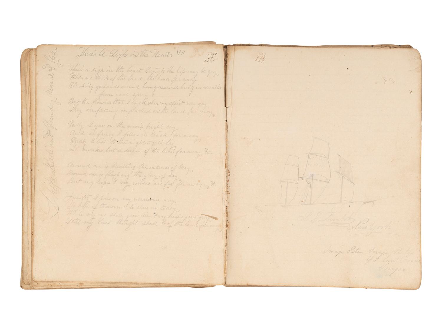 [MARITIME]. Log of the Barques Wavelet , Looling , and J.H. Wills documenting journeys in East Asia, ca 1862-1865. [ With: ] Notebook containing sea shanties and sketches of ships, ca 1862-63.