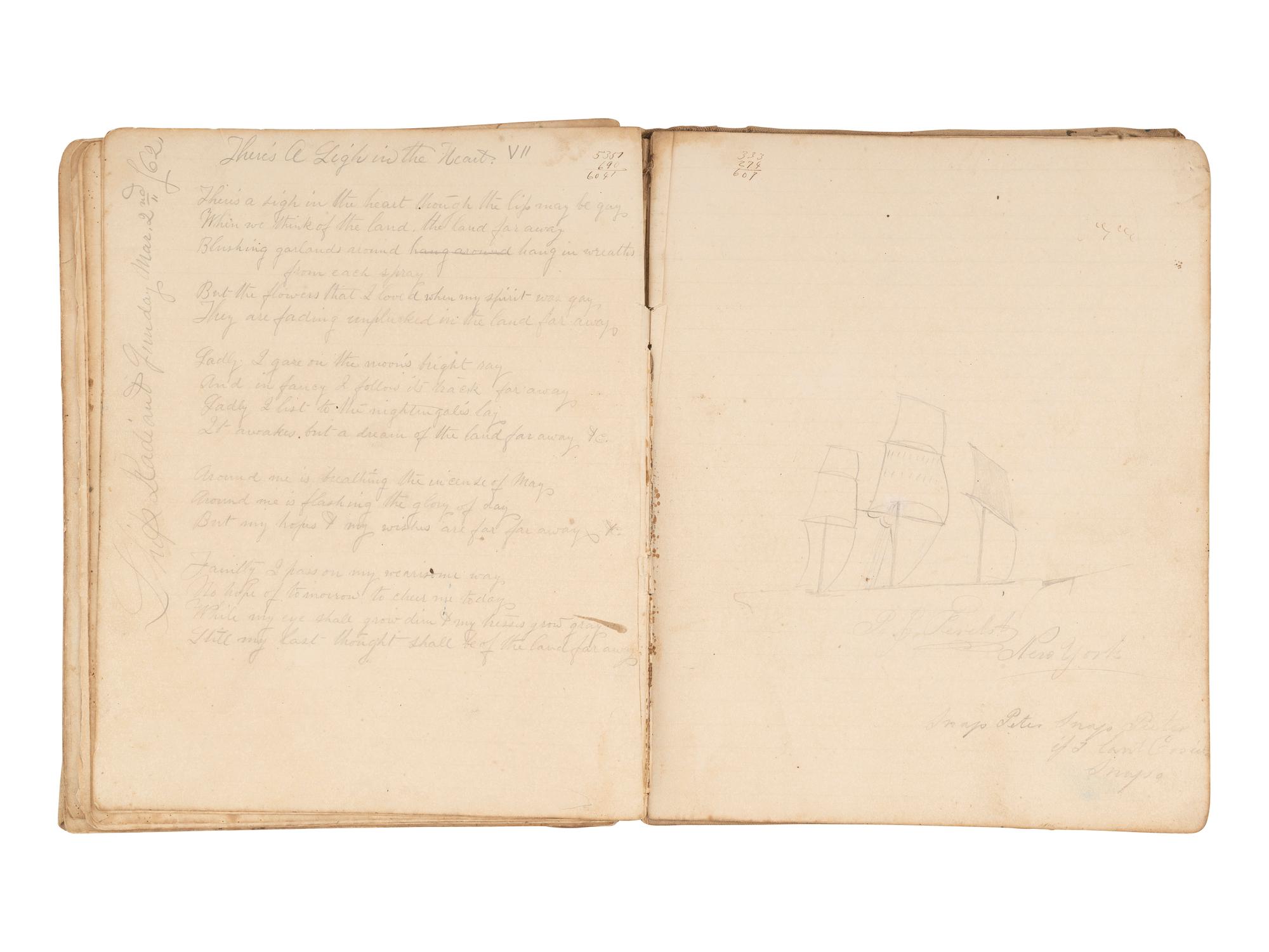 [MARITIME]. Log of the Barques Wavelet , Looling , and J.H. Wills documenting journeys in East Asia, ca 1862-1865. [ With: ] Notebook containing sea shanties and sketches of ships, ca 1862-63.