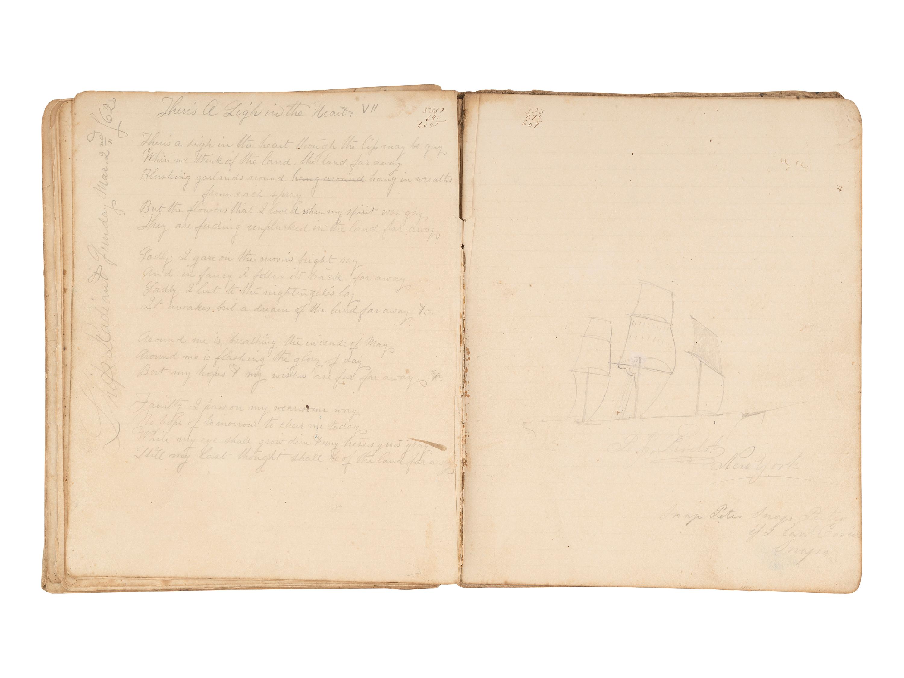 [MARITIME]. Log of the Barques Wavelet , Looling , and J.H. Wills documenting journeys in East Asia, ca 1862-1865. [ With: ] Notebook containing sea shanties and sketches of ships, ca 1862-63.