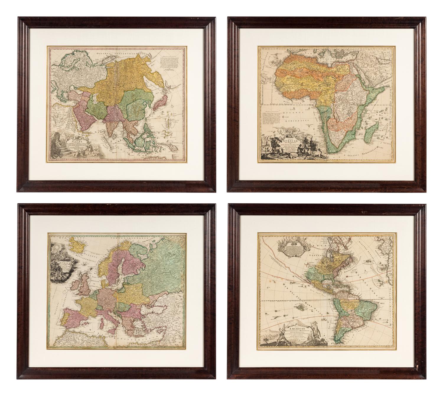 [MAPS]. HOMANN, Johann Baptist (1663-1724). Four engraved continent maps with hand-coloring, each matted and framed, comprising: