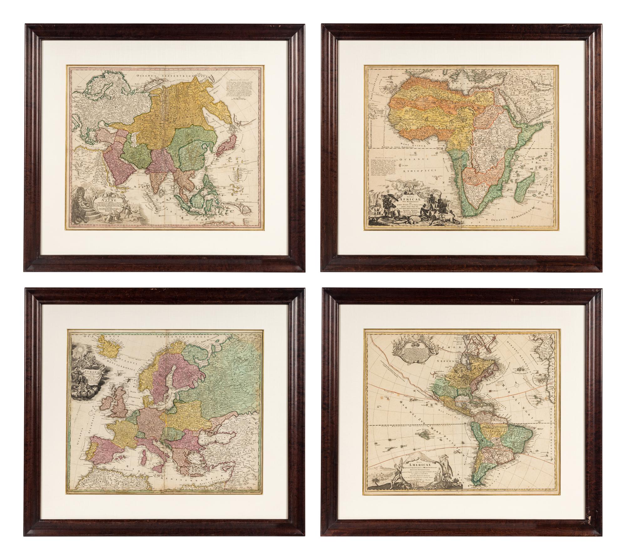 [MAPS]. HOMANN, Johann Baptist (1663-1724). Four engraved continent maps with hand-coloring, each matted and framed, comprising: