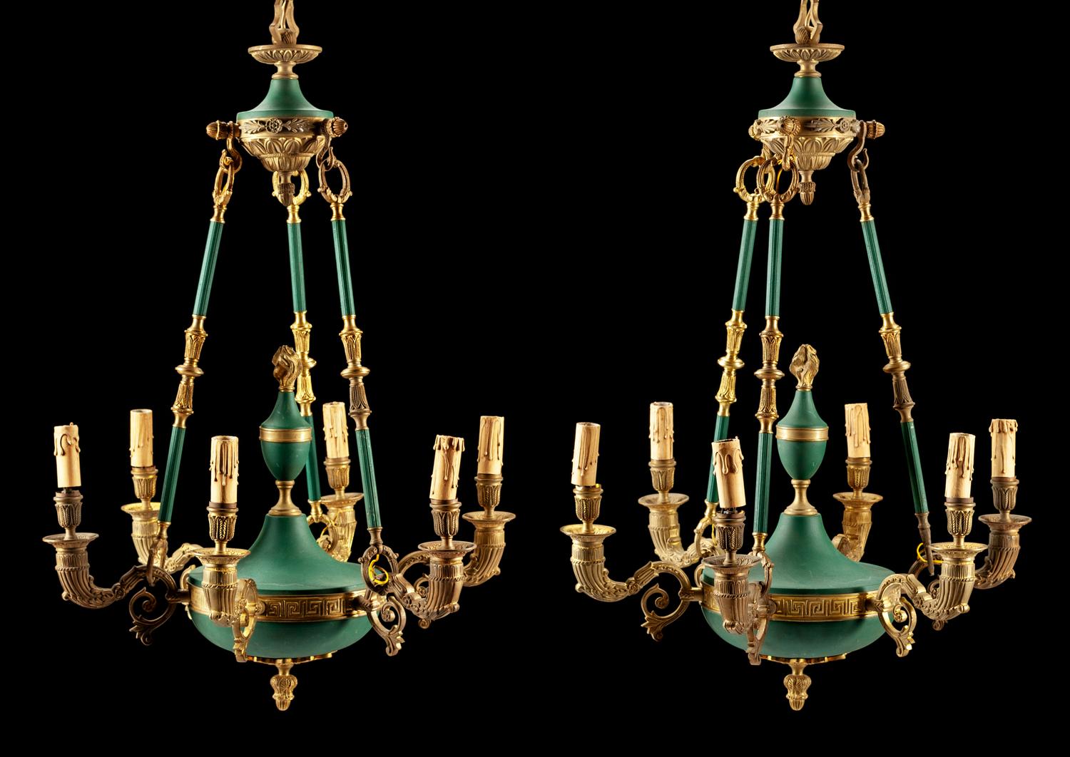 A Pair of Empire Style Six-Light Chandeliers