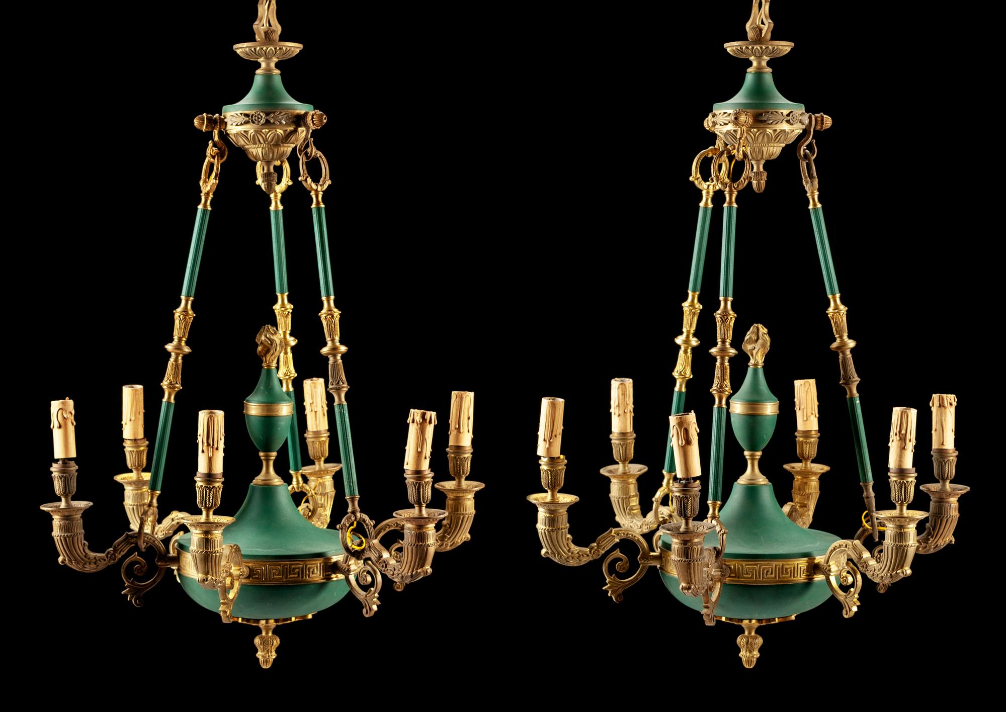 A Pair of Empire Style Six-Light Chandeliers