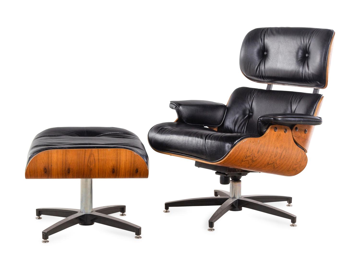 A Faux Leather and Rosewood Lounge Chair and Ottoman in the Style of Eames