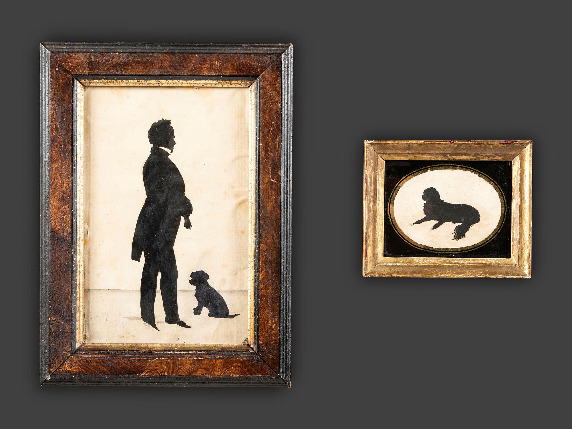 Two Cut Paper Silhouettes with Dogs