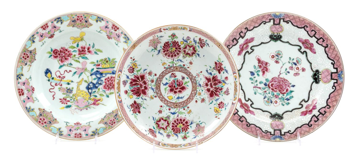 Three Chinese Export Famille Rose Porcelain Plates Diameter of largest 12 1/2 inches. — 18TH CENTURY