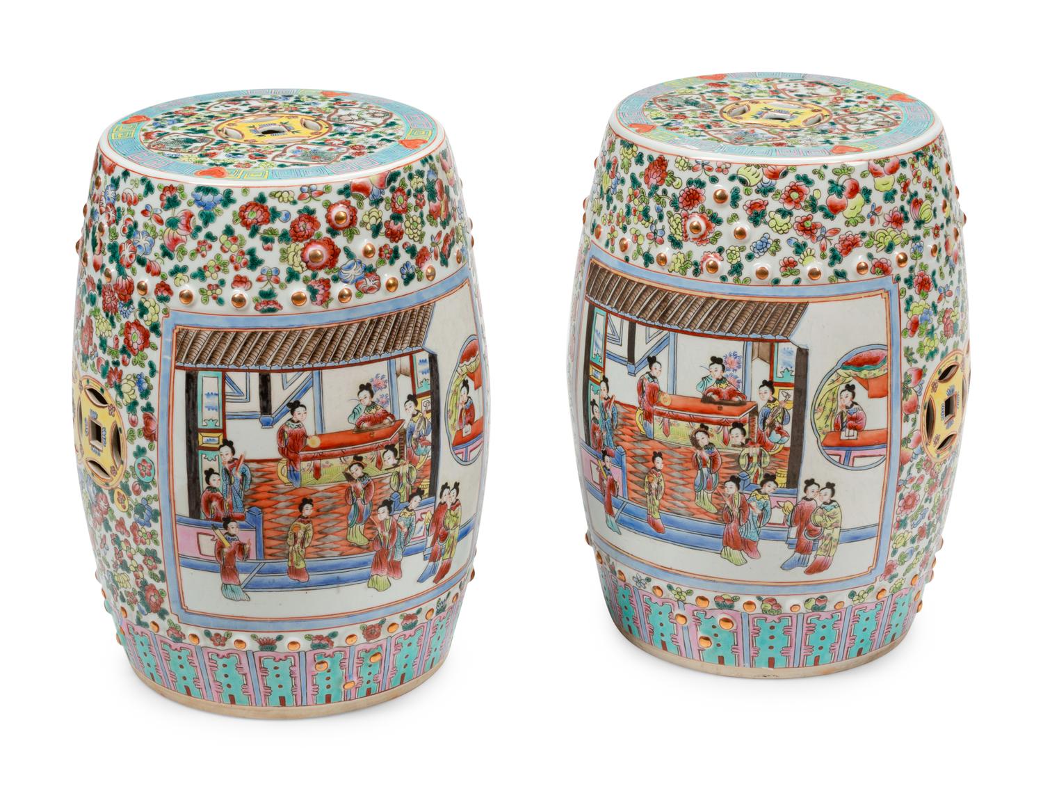 A Pair of Chinese Export Enameled Porcelain Garden Seats