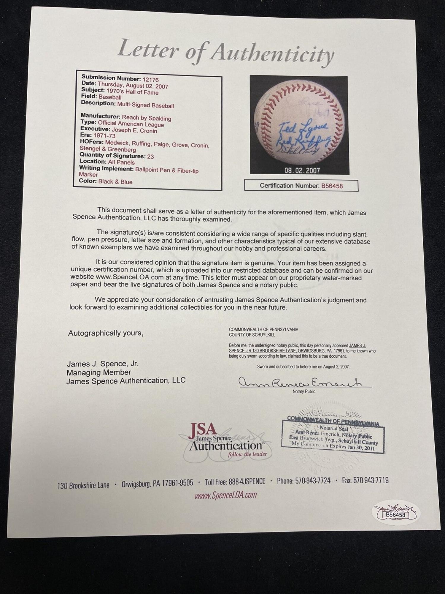 A 1972 Hall of Fame Weekend Multi Signed Autograph Baseball Featuring Hank Greenberg, Satchel Paige and Casey Stengel (JSA Letter of Authenticity),