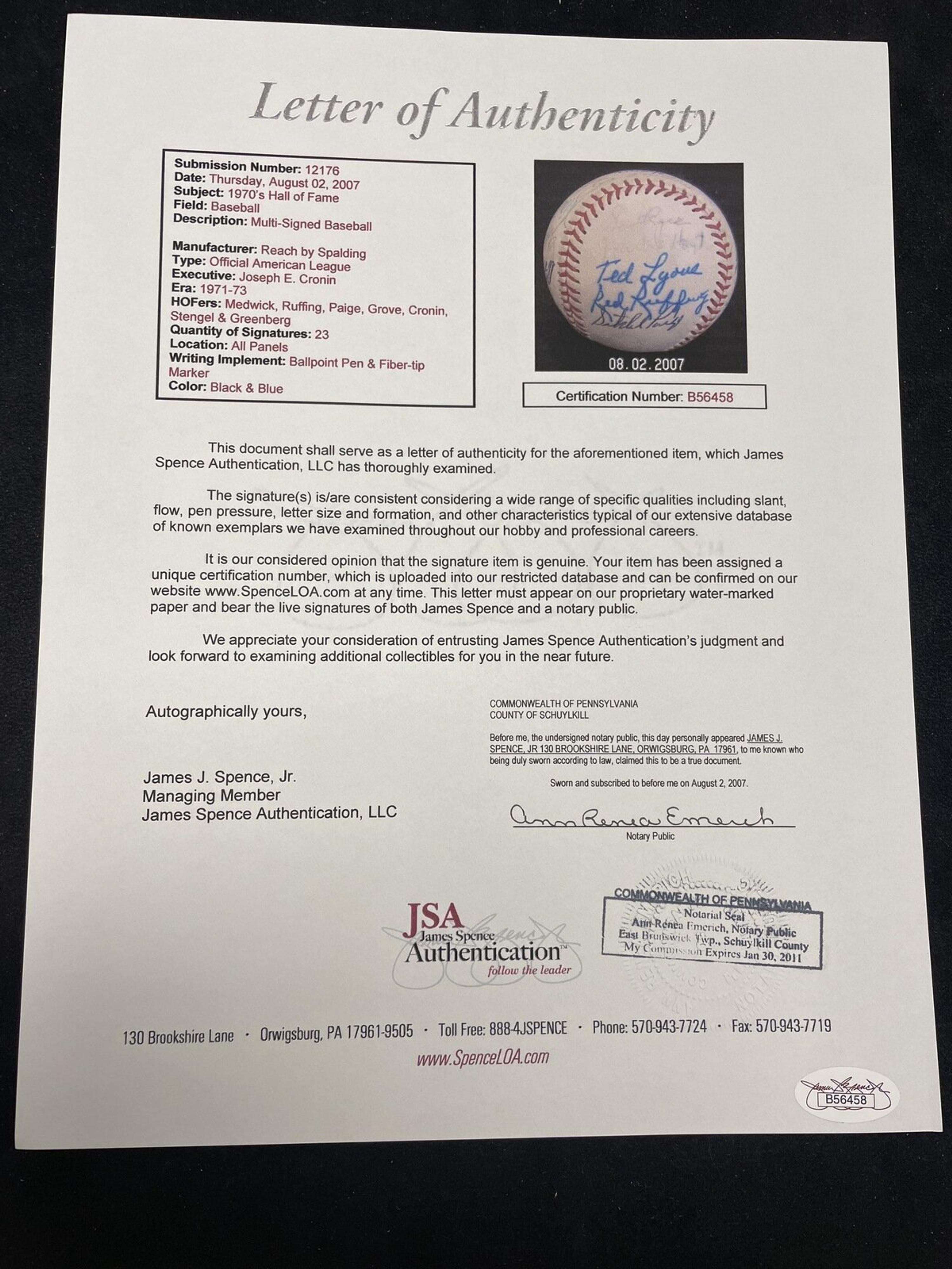 A 1972 Hall of Fame Weekend Multi Signed Autograph Baseball Featuring Hank Greenberg, Satchel Paige and Casey Stengel (JSA Letter of Authenticity),
