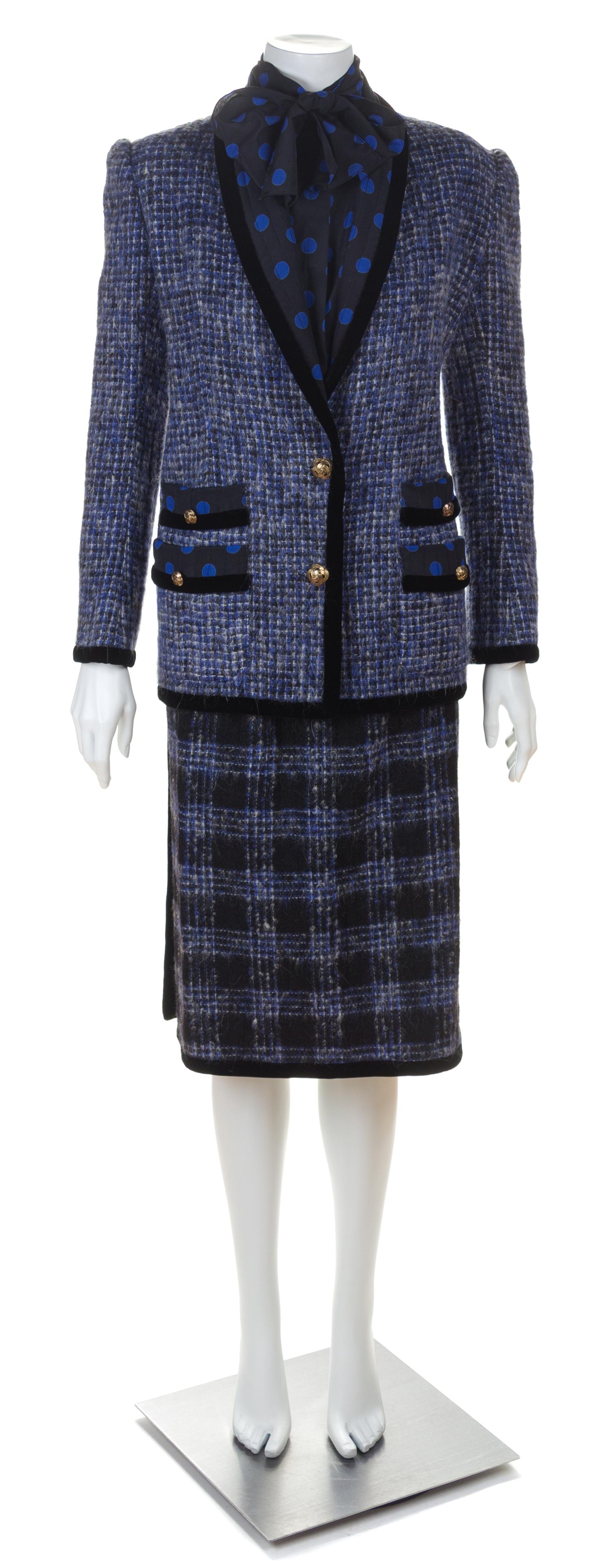 A Koos Black and Blue Tweed Jacket and Skirt Ensemble, No size.