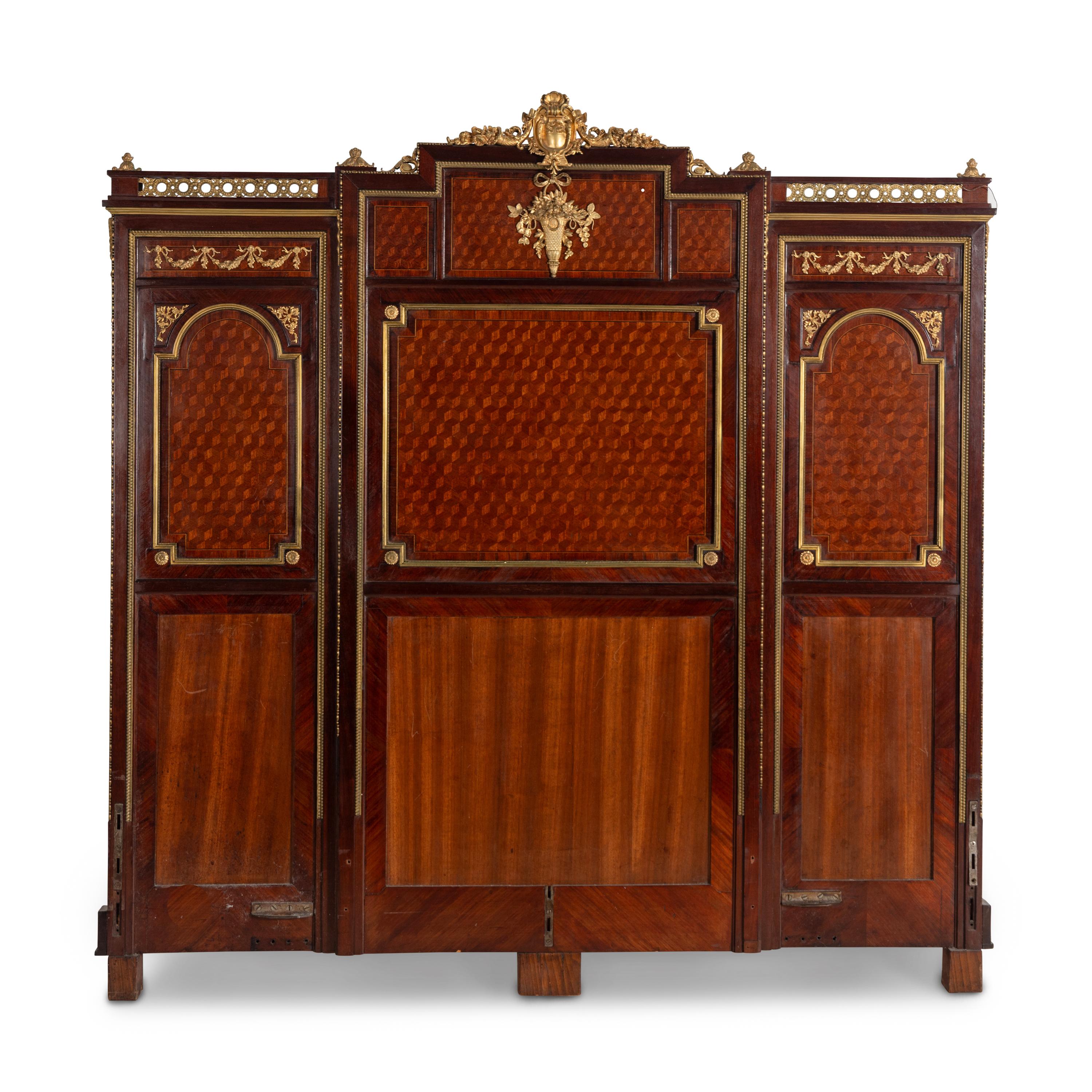 A Louis XVI Style Mahogany, Parquetry and Gilt Bronze Mounted Bed