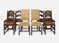 An assembled group of eight Baroque Revival oak and walnut dining chairs, late 19th / early 20th century