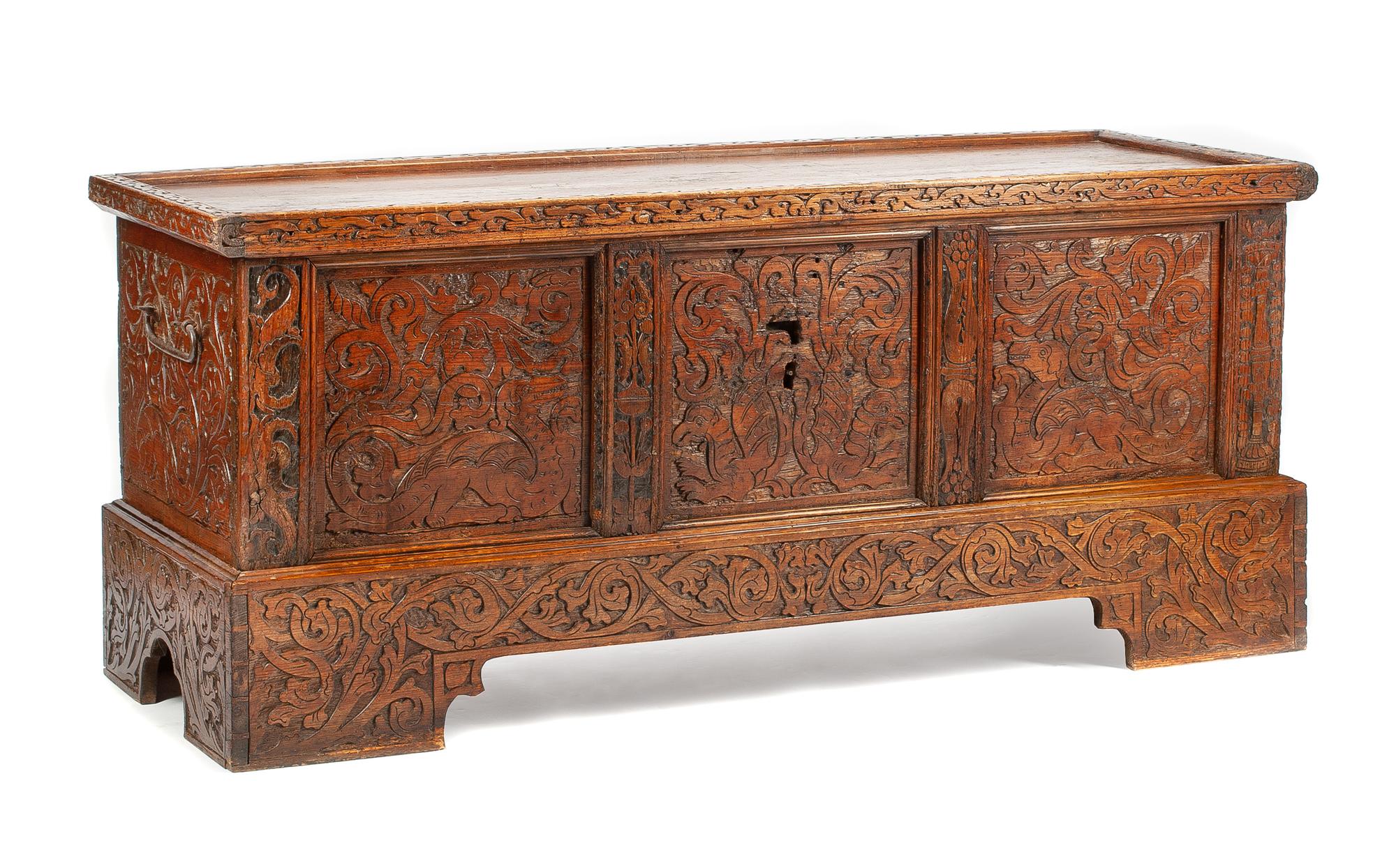 A Continental Carved Cassone Height 32 x width 74 x depth 27 inches. — 17TH CENTURY