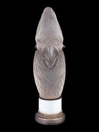 A Continental Carved Rock Crystal and Guilloche Enamel-Mounted Cockatiel-Form Hand Seal