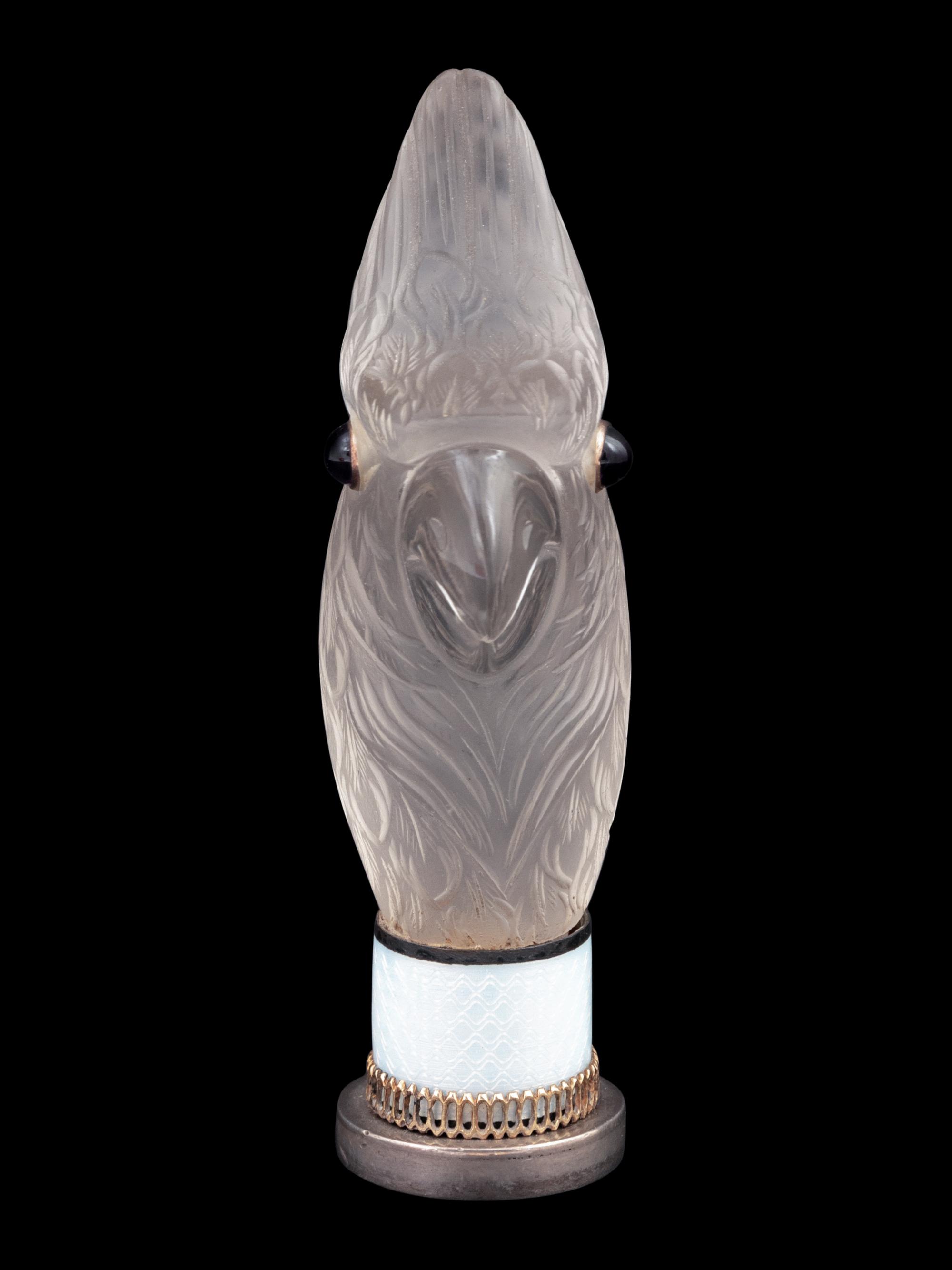 A Continental Carved Rock Crystal and Guilloche Enamel-Mounted Cockatiel-Form Hand Seal