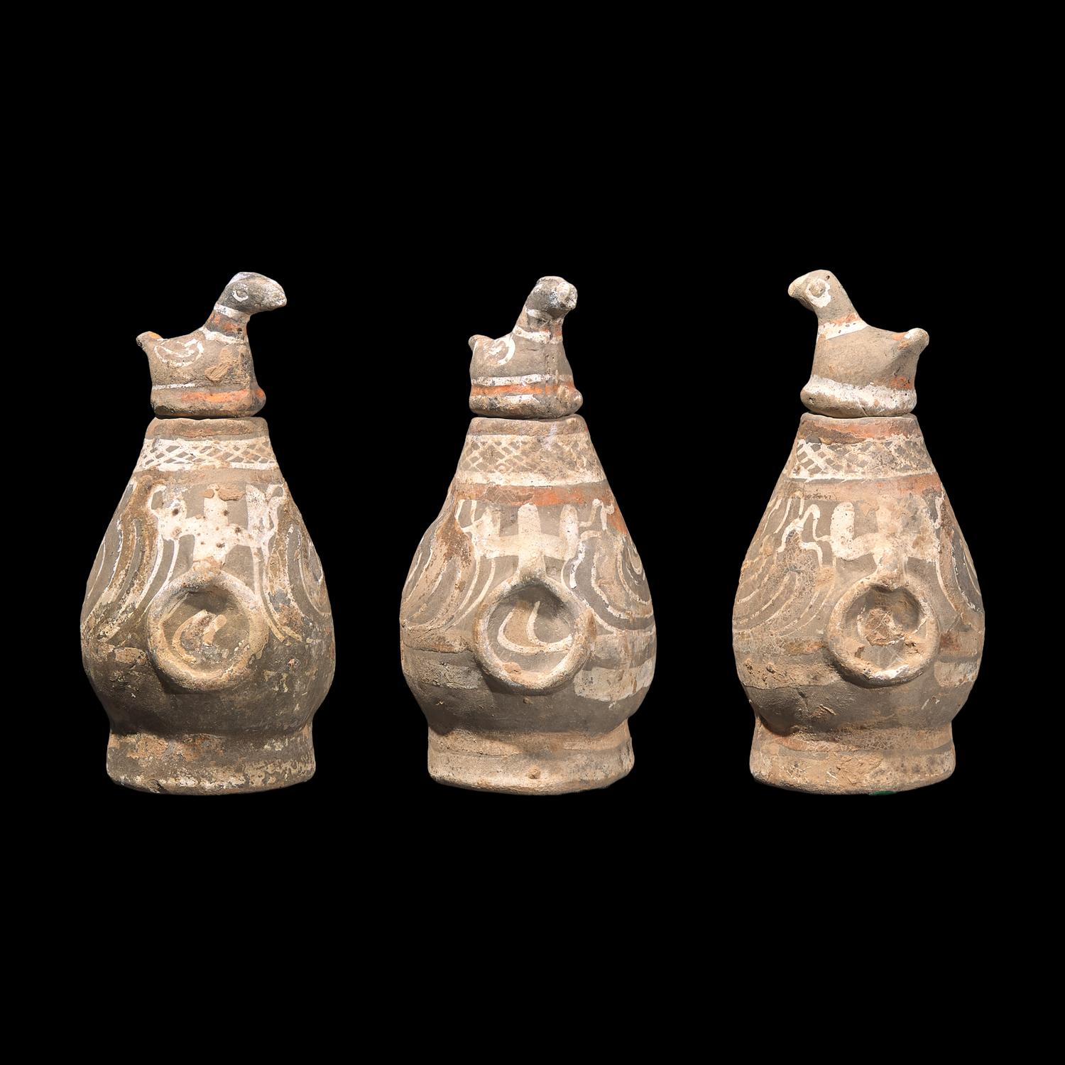 Three Chinese Painted Grey Pottery Pear-Shaped Covered Hu Vessels, Han Dynasty 漢 彩陶蓋壺三件