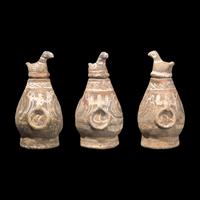Three Chinese Painted Grey Pottery Pear-Shaped Covered Hu Vessels, Han Dynasty 漢 彩陶蓋壺三件