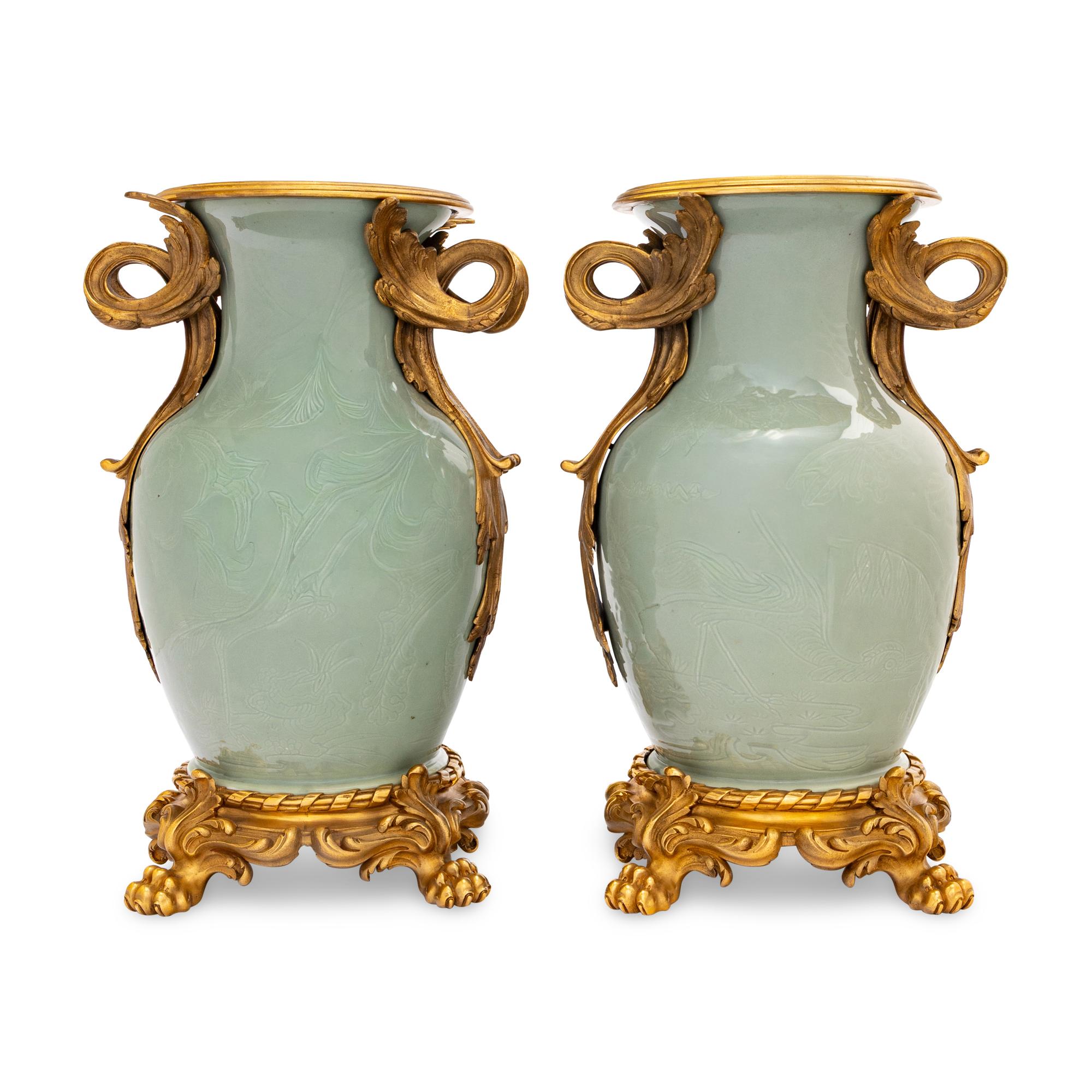 A Pair of Chinese Celadon Porcelain and French Gilt Bronze Mounted Vases