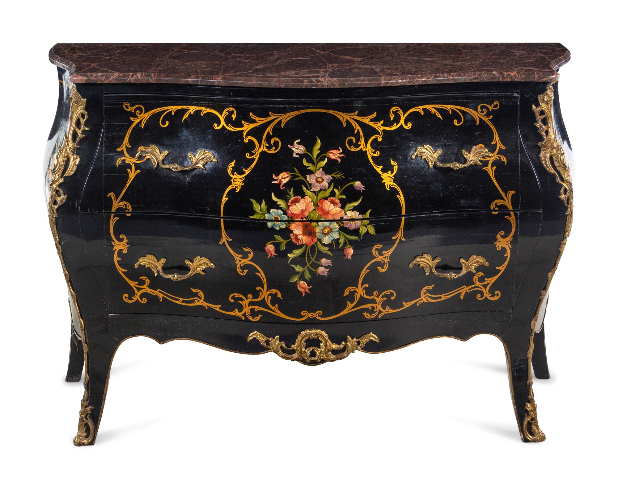 A Louis XV Style Gilt Metal Mounted Painted Marble-Top Commode
