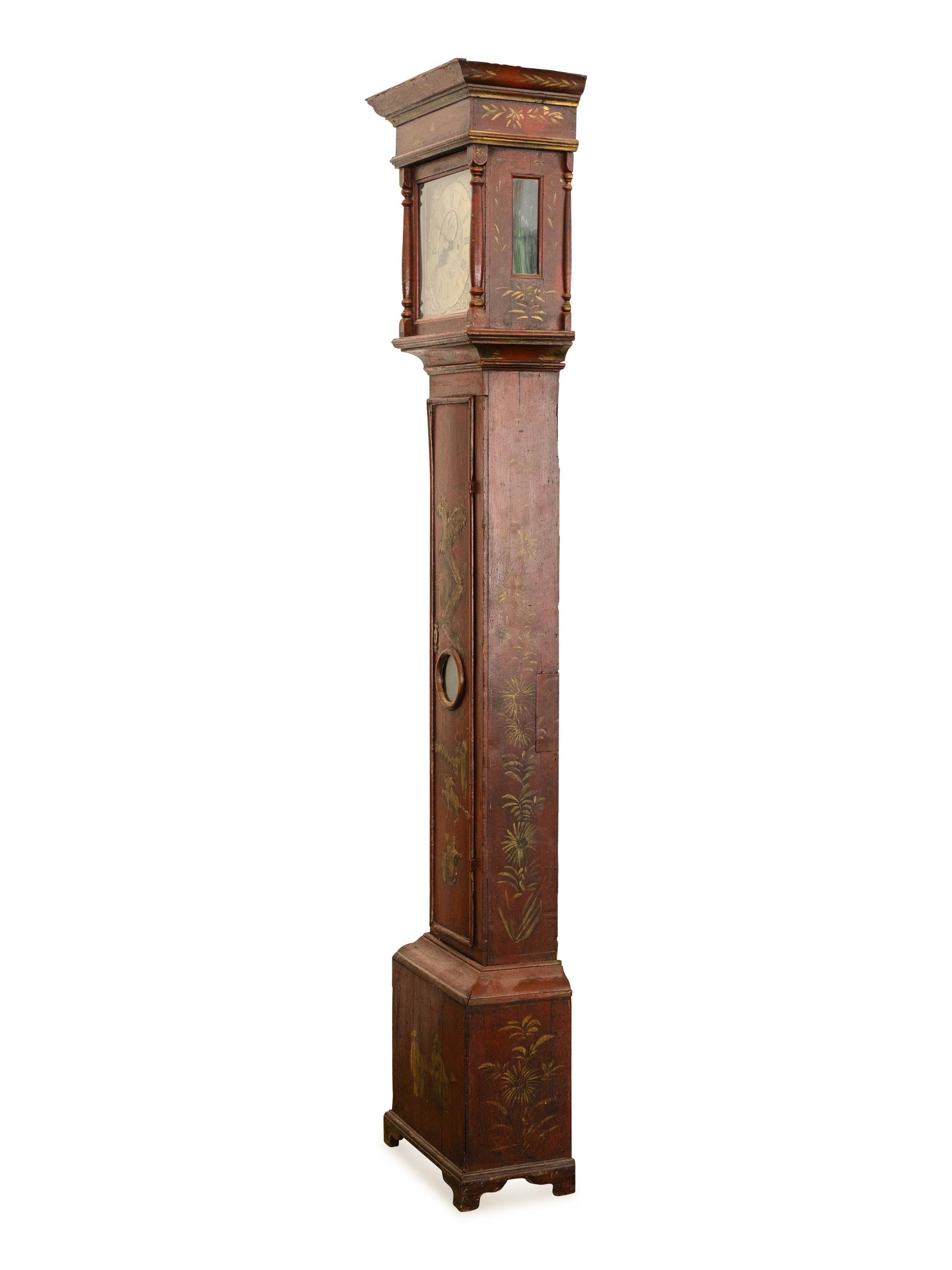 A George II Red Japanned Gilt Decorated Tall Case Clock