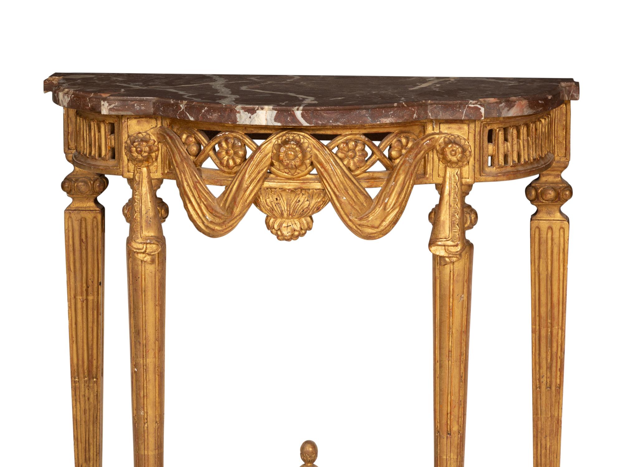 A Pair of Louis XVI Style Giltwood Marble-Top Console Tables
