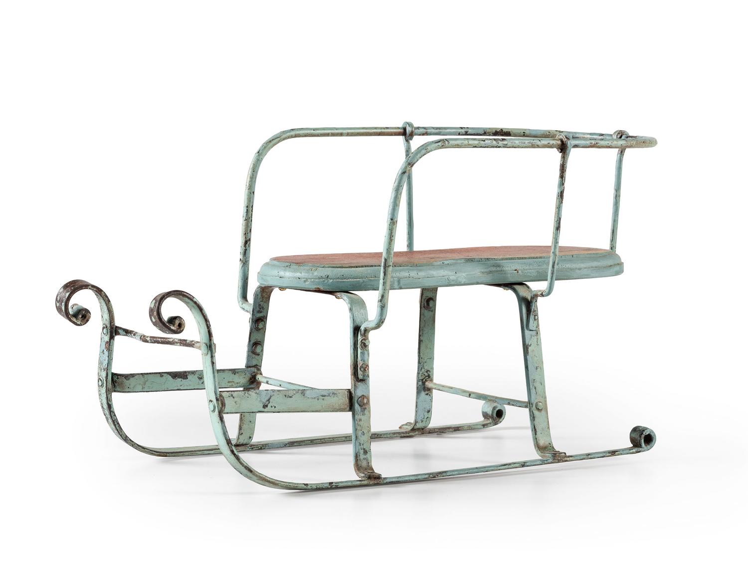 A Blue Painted Sheet Metal Toy Sleigh