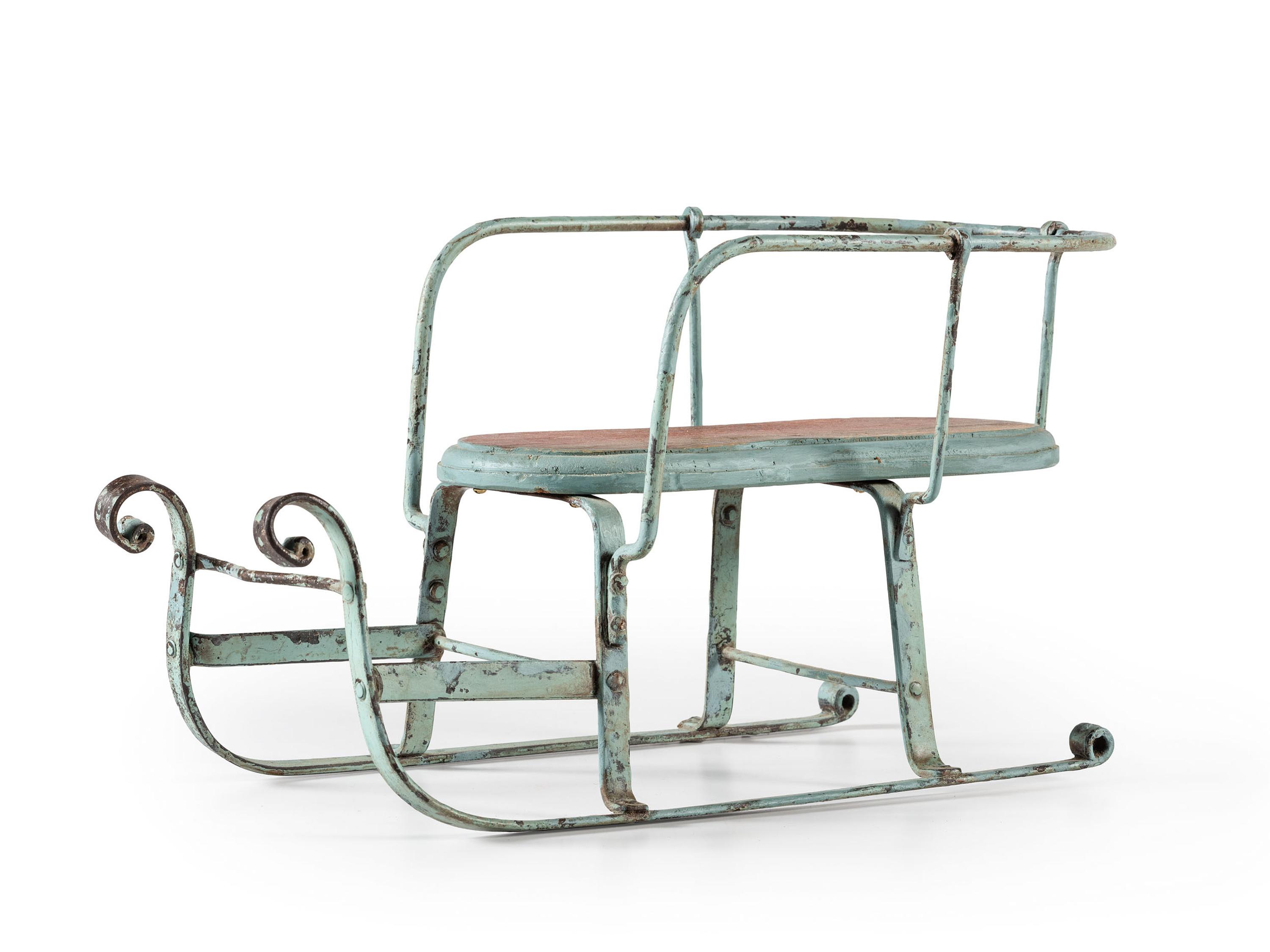 A Blue Painted Sheet Metal Toy Sleigh