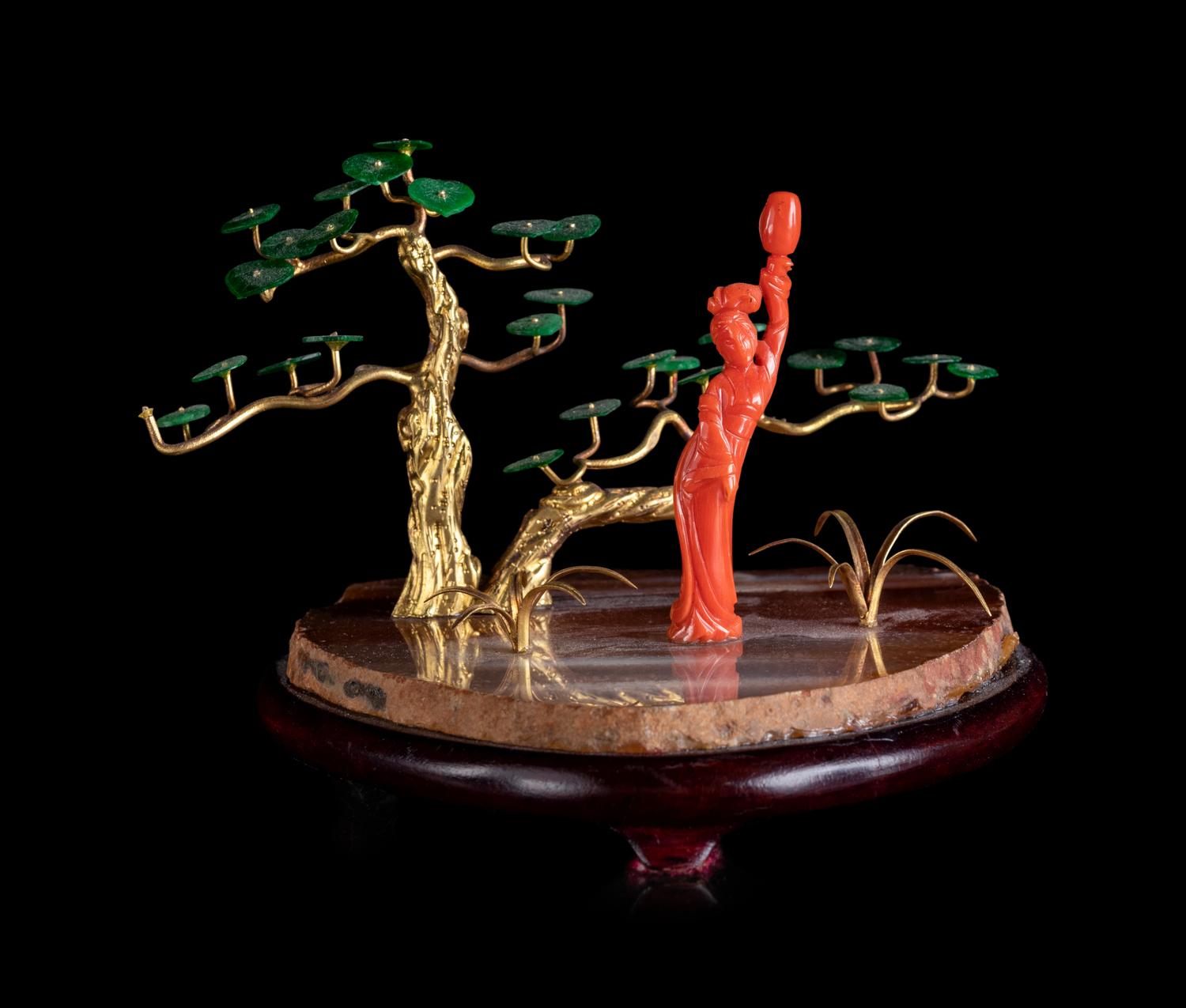 A Spinach Jade, Coral, Agate and Gilt Bronze Table Article
