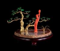 A Spinach Jade, Coral, Agate and Gilt Bronze Table Article