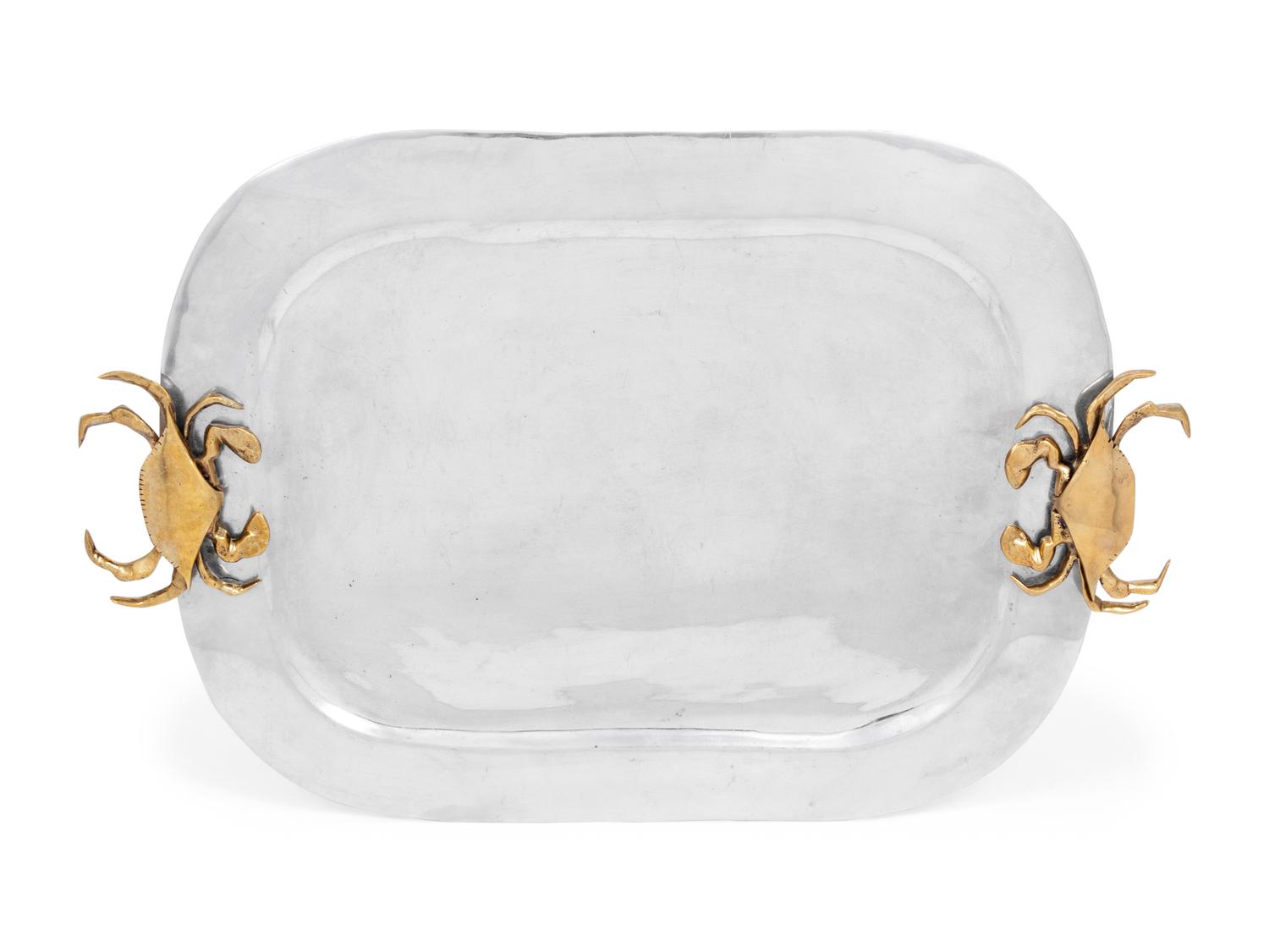 A Mexican Aluminum Serving Tray with Brass "Crab" Handles
