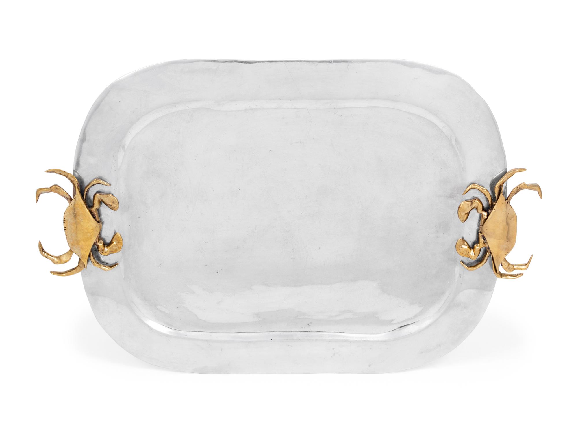 A Mexican Aluminum Serving Tray with Brass "Crab" Handles