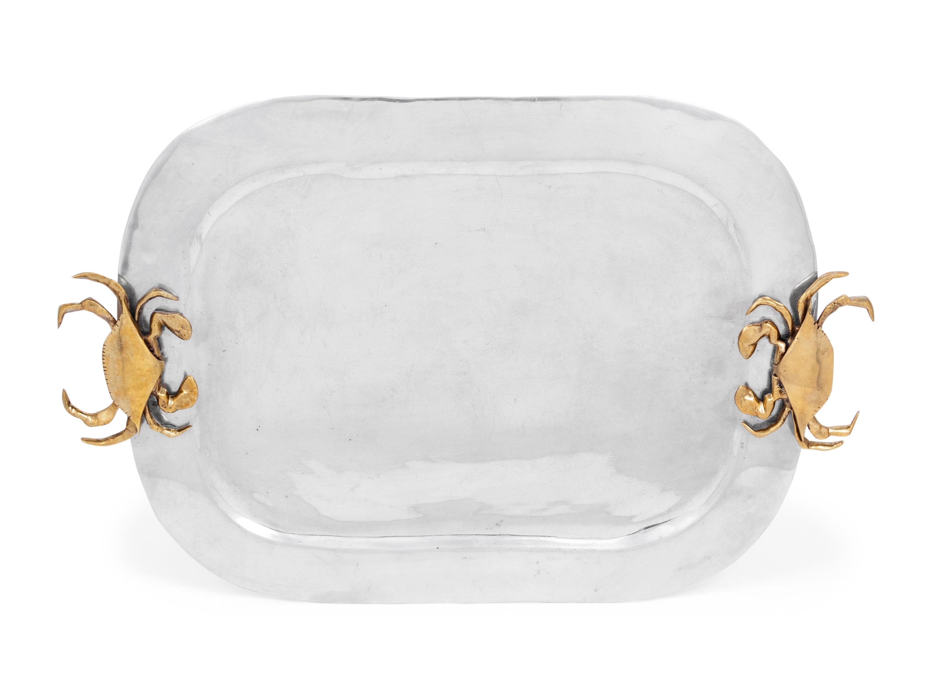 A Mexican Aluminum Serving Tray with Brass "Crab" Handles