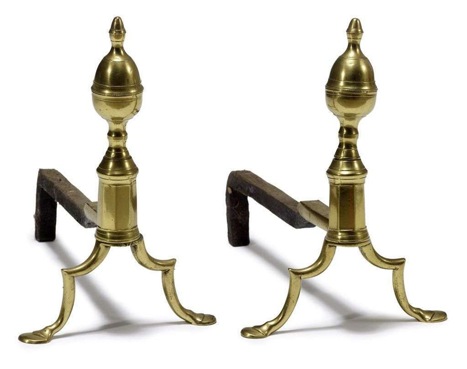 Pair of brass and iron belted lemon-top andirons circa 1800