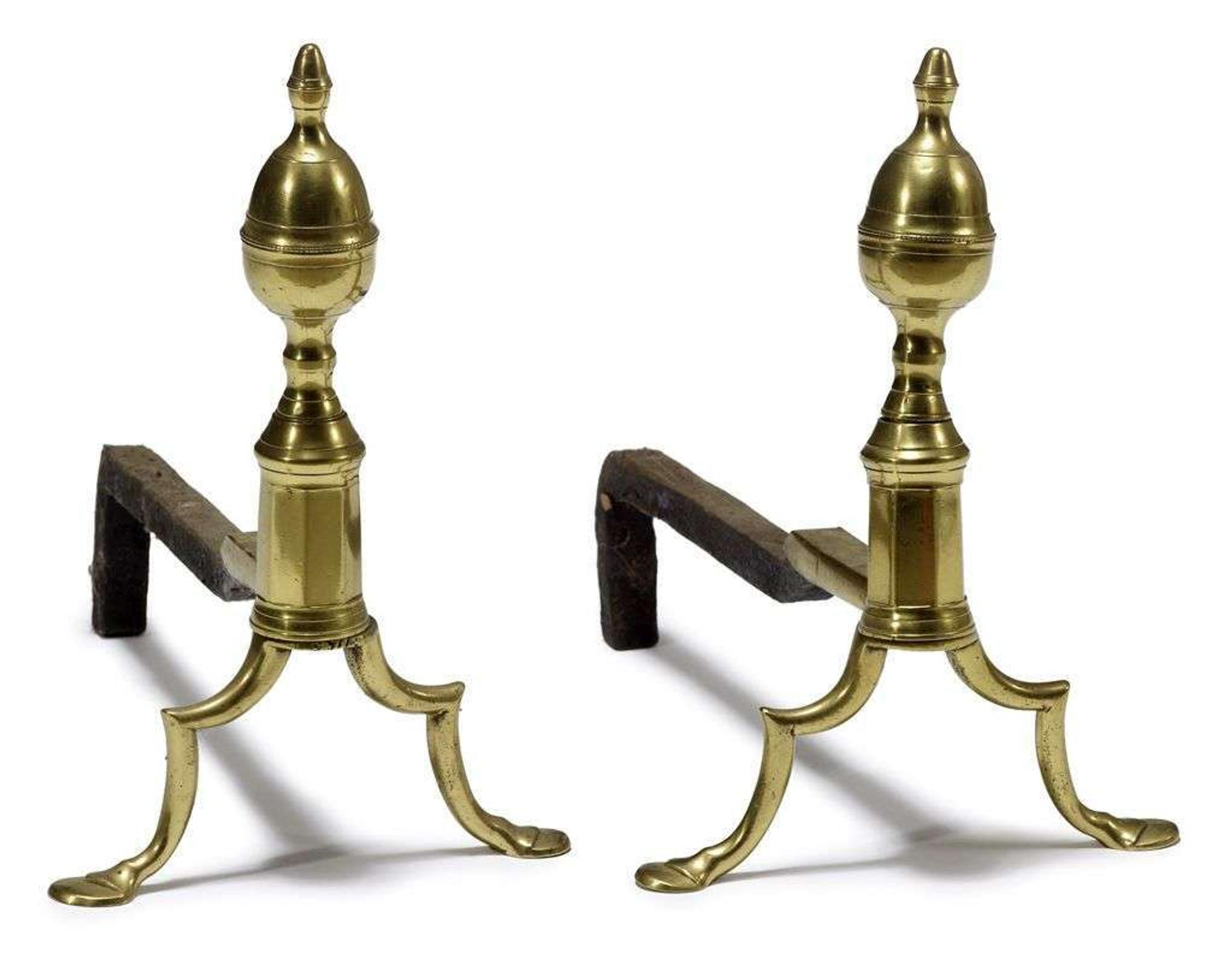 Pair of brass and iron belted lemon-top andirons circa 1800