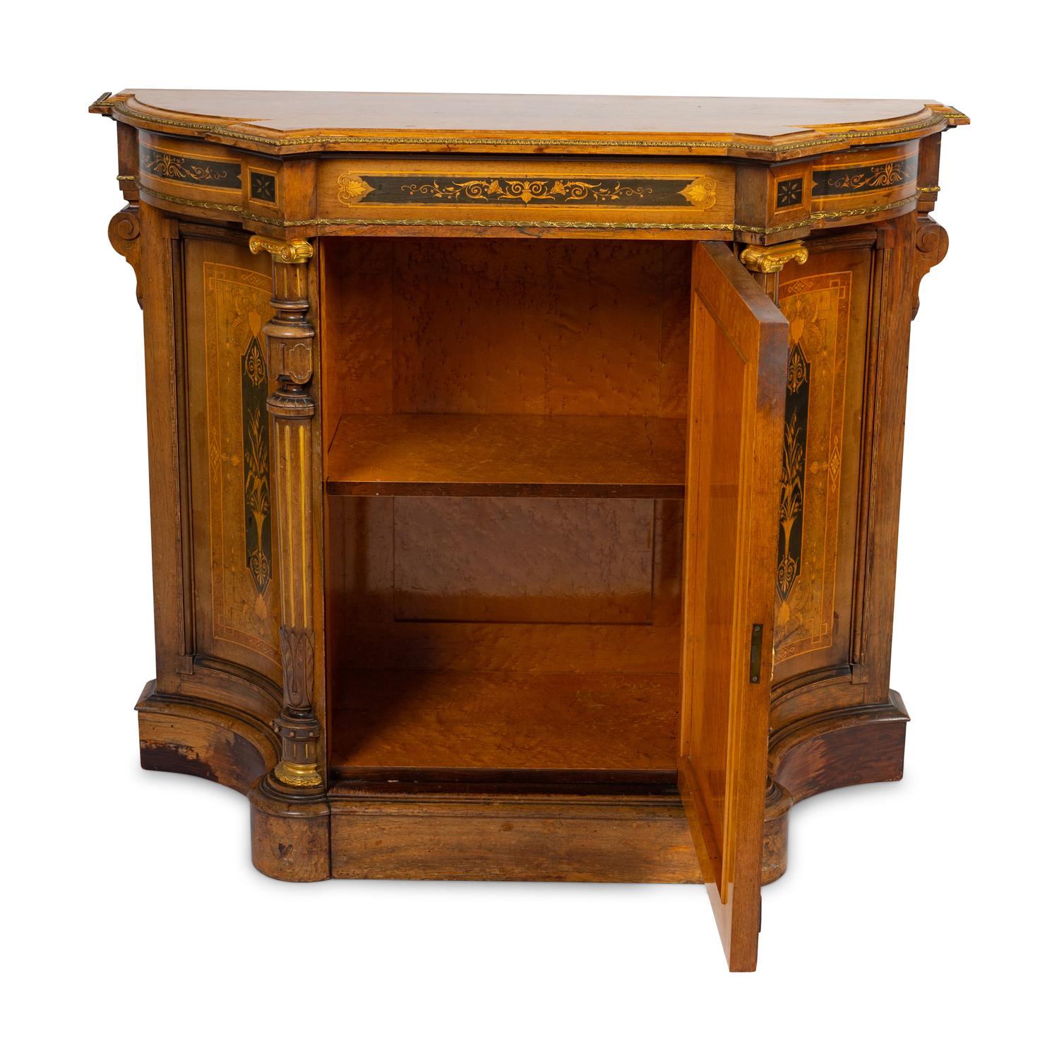 An English Aesthetic Movement Part-Ebonized Marquetry Cabinet
