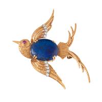 YELLOW GOLD, LAPIS LAZULI, DIAMOND AND RUBY BIRD BROOCH
