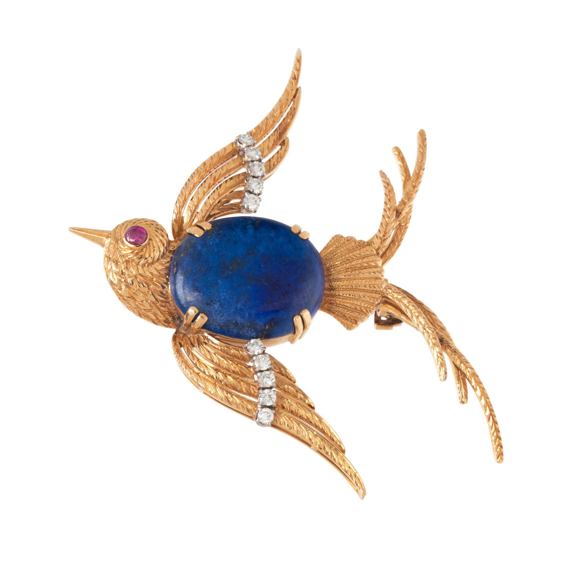 YELLOW GOLD, LAPIS LAZULI, DIAMOND AND RUBY BIRD BROOCH