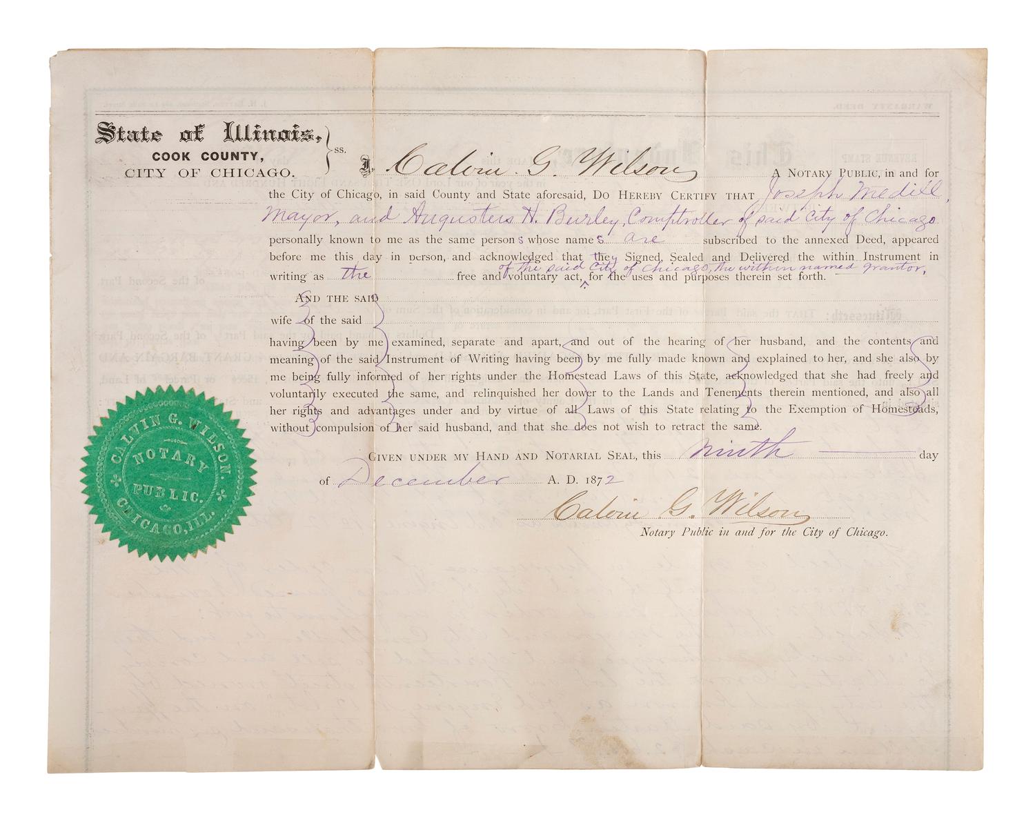 [CHICAGO]. A group of documents signed by Chicago mayors, including Joseph MEDILL, John WENTWORTH, James H. WOODWORTH, Anton J. CERMAK, William Hale THOMPSON, and the Mayors DALEY.