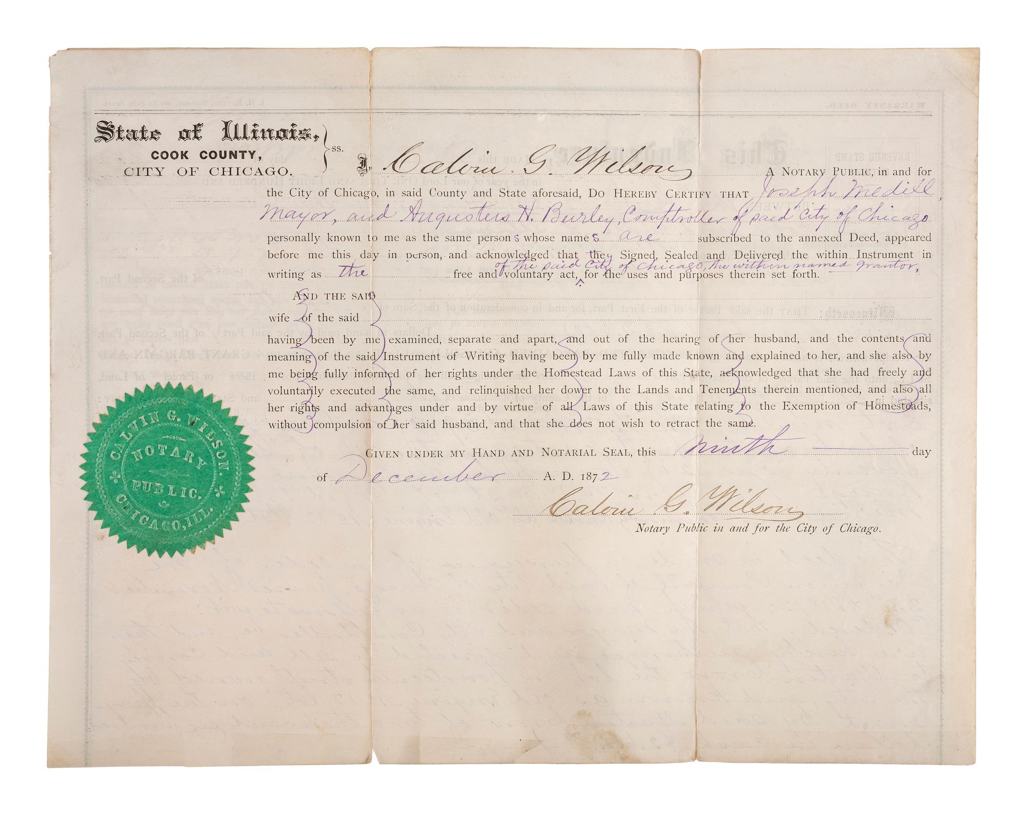 [CHICAGO]. A group of documents signed by Chicago mayors, including Joseph MEDILL, John WENTWORTH, James H. WOODWORTH, Anton J. CERMAK, William Hale THOMPSON, and the Mayors DALEY.