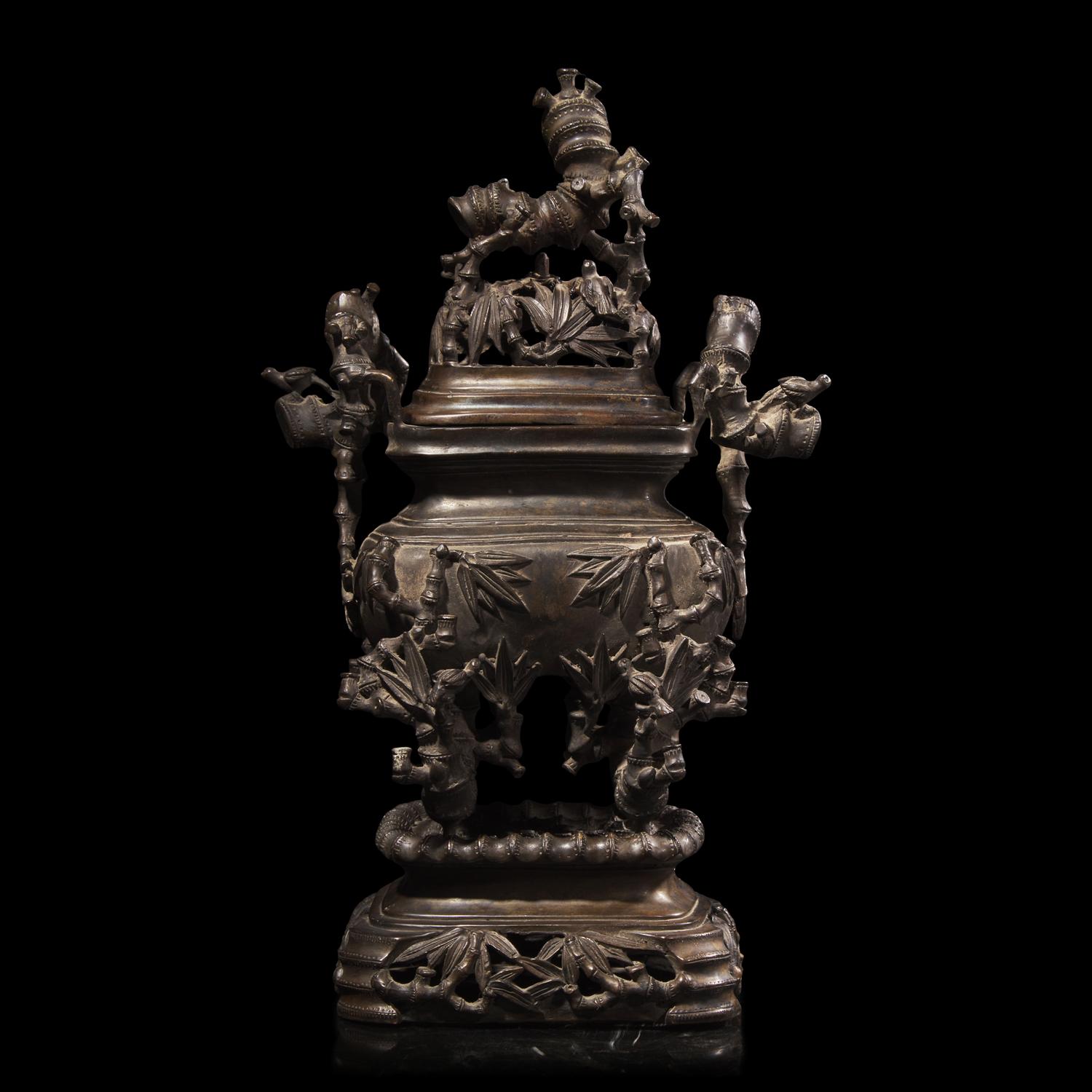 A Small Chinese Bronze 'Bamboo and Birds' Covered Censer, 19th-Early 20th Century 晚清民國 歲寒三友紋銅爐