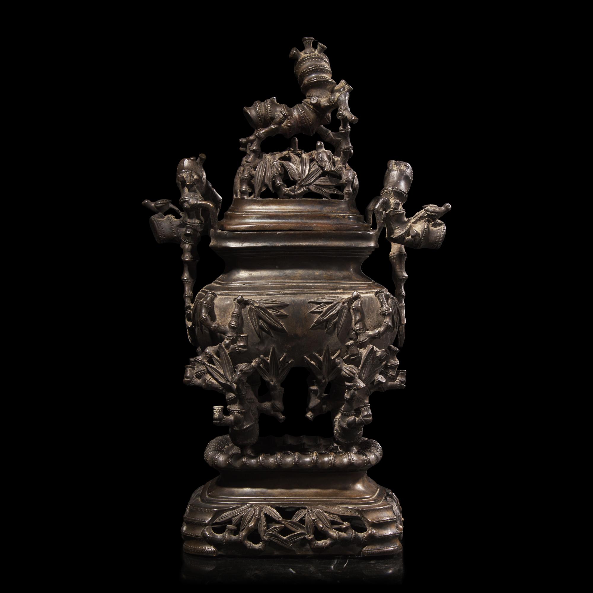 A Small Chinese Bronze 'Bamboo and Birds' Covered Censer, 19th-Early 20th Century 晚清民國 歲寒三友紋銅爐