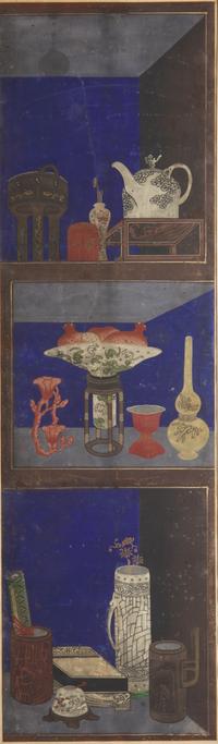 Attributed to Lee Taek-Gyun (Korean, 1808-after 1883), A Set of Three Books and Scholars’ Accoutrements (Chaekgeori) Paintings, Joseon Dynasty, 19th Century — 李宅均（款，朝鮮王朝，1808-1883以后）《冊架圖》三幅