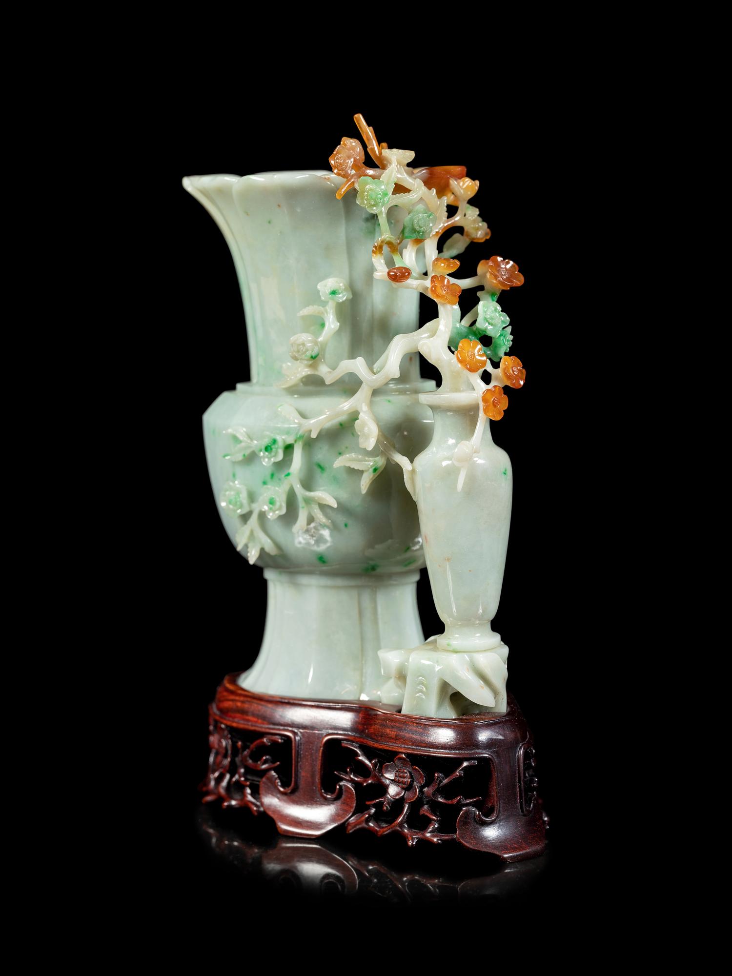 A Russet, Green and White Jadeite Double Vase Group