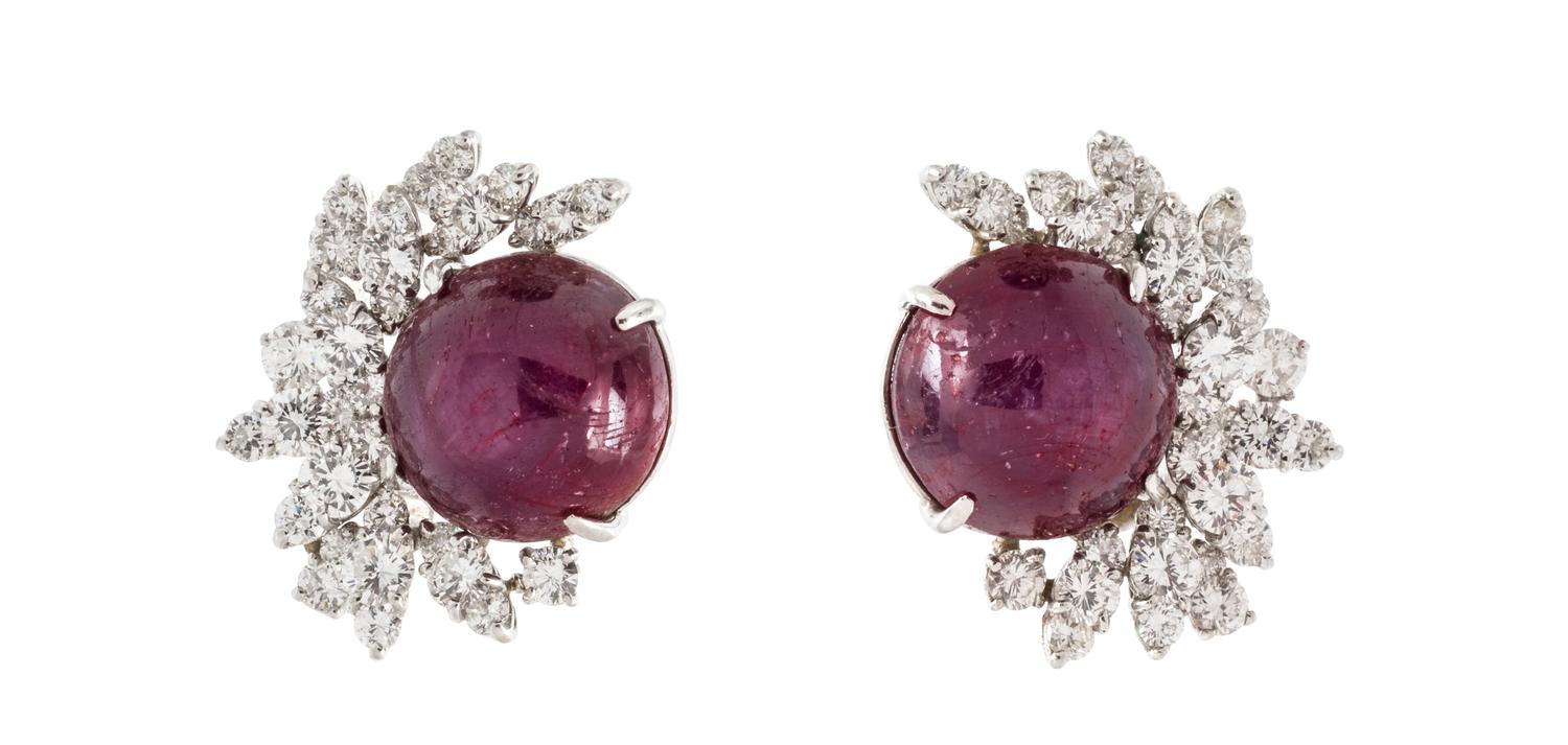 A Pair of Platinum, Star Ruby and Diamond Earclips, 13.90 dwts.