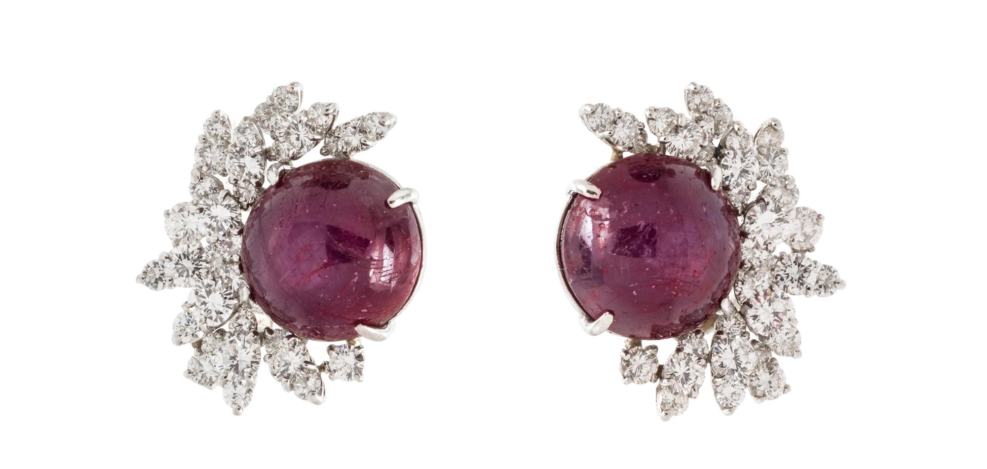 A Pair of Platinum, Star Ruby and Diamond Earclips, 13.90 dwts.